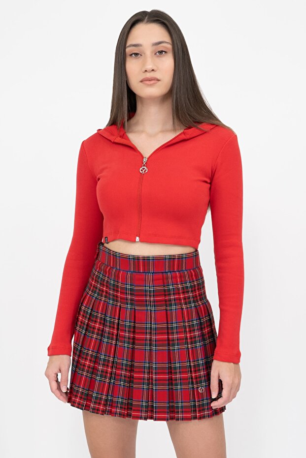 Women's Red Hooded Zipper Front Ribbed Knitted Crop Blouse