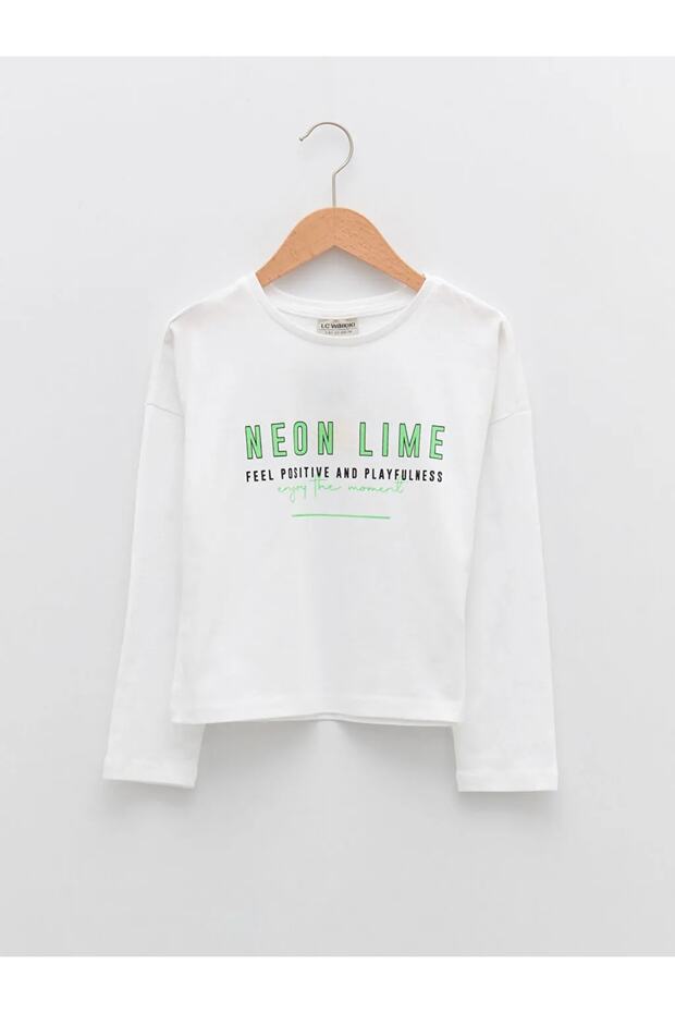 Crew Neck Text Printed Long Sleeve Girls' T-Shirt