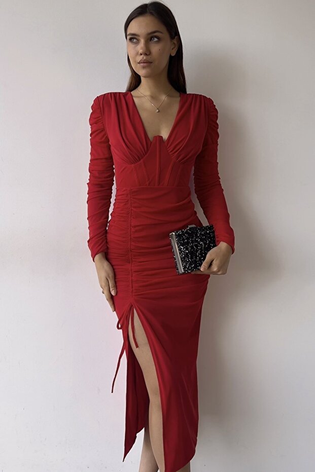 Women's Red Crepe Fabric Slit and Drape Detailed Lined V-Neck Long Sleeve Midi Dress 150