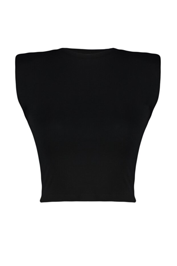 Siyah Vatkalı Fitted/Vücuda Oturan Bisiklet Yaka Crop Esnek Örme Bluz TWOSS23BZ00251 - 7