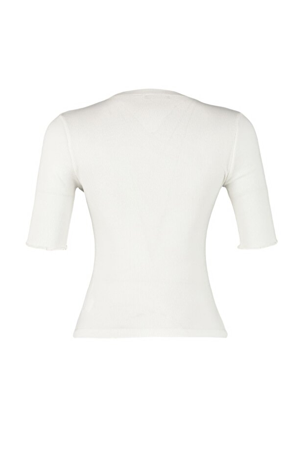 Ekru Fitilli Fitted/Vücuda Oturan Bisiklet Yaka Esnek Örme Bluz TWOSS23BZ00025 - 7