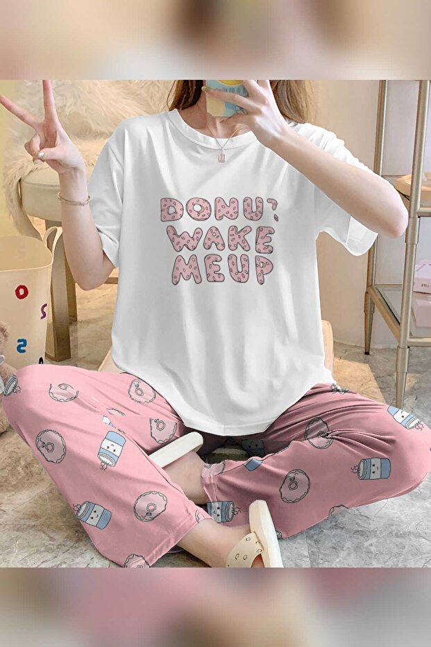 Pink Donuts Patterned Zezeyle Short Sleeve Pajama Set - 2154