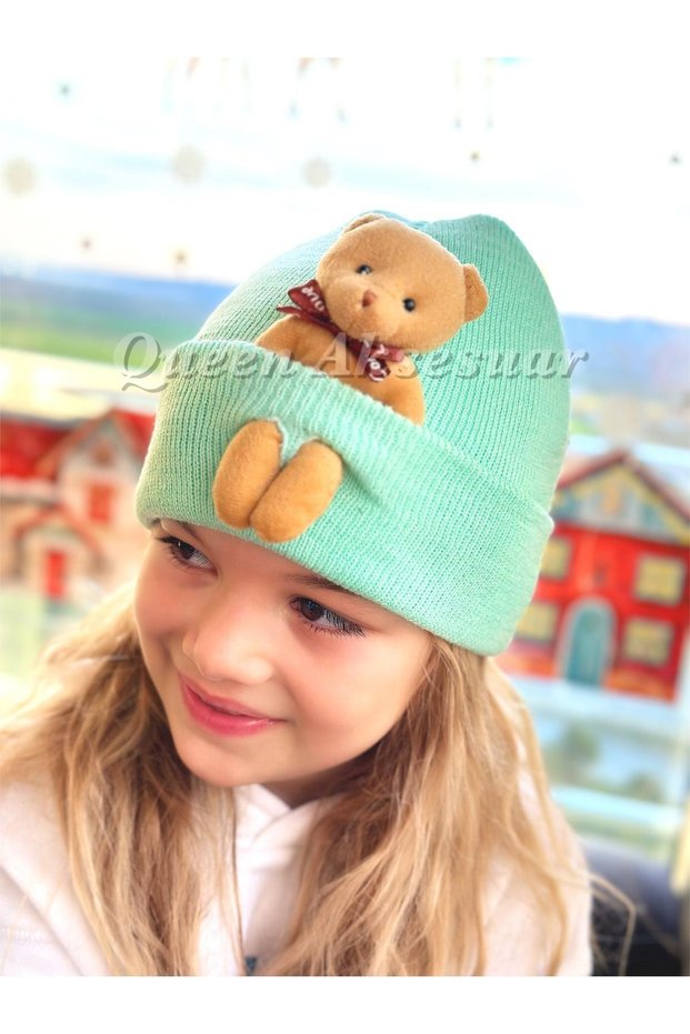 Trend Fashion Special Design Adorable Plush with Teddy Bear Adult Boy Girl Unisex Kids Hat Water Green Hat