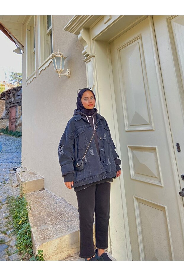 Jachetă oversize din denim ruptă - 1