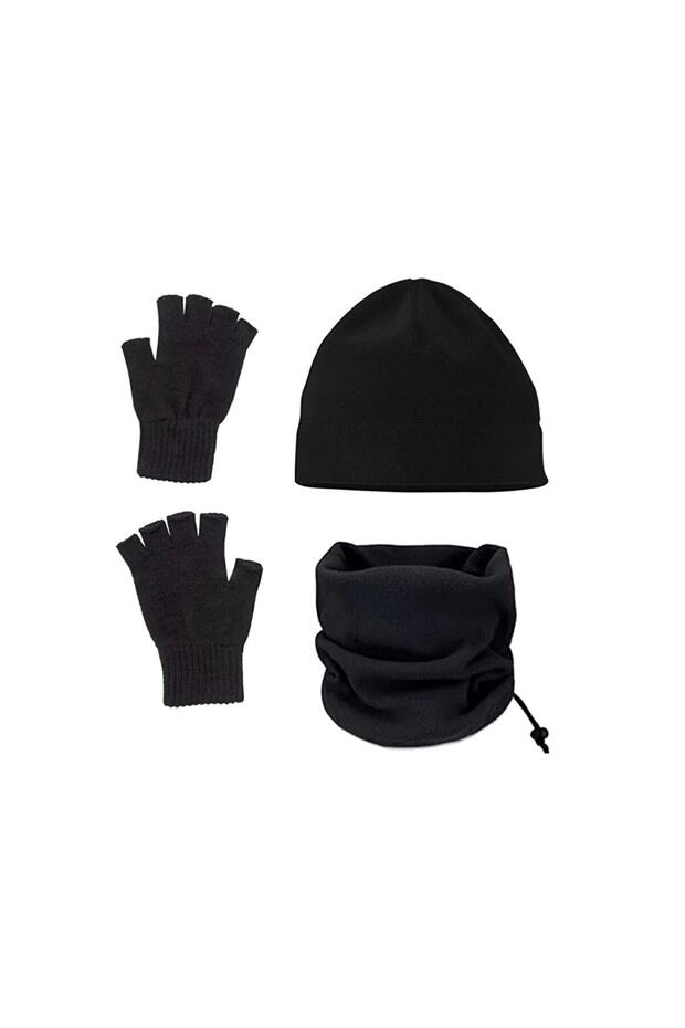 Black Fleece Beret - Fleece Neck Collar - Wool Cut Gloves Set of 3