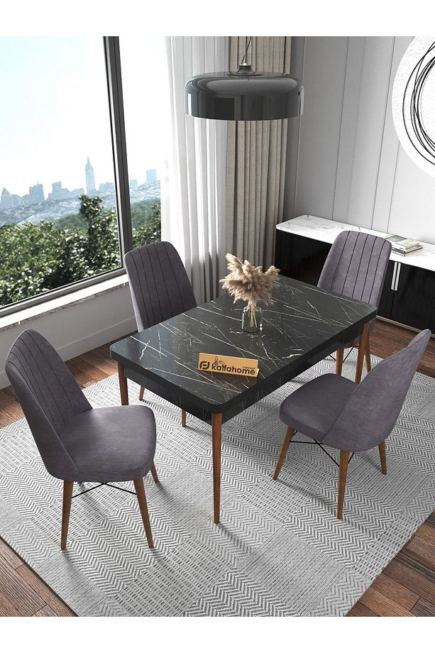 Fixed Serisi Siyah 70x110 Sabit Yemek Masası Mutfak Masası Masa Takımı 4 Gri Sandalyeli - 1