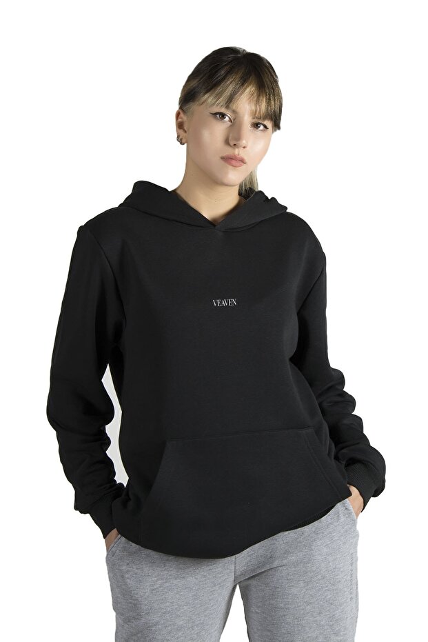 Unisex Black Front Printed Thick 2 Thread Threaded Hooded Hoodie Sweatshirt