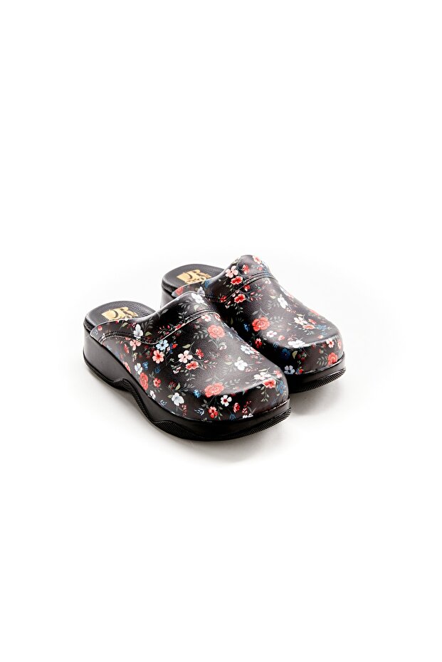 Floral Patterned Genuine Leather Sabo Slippers