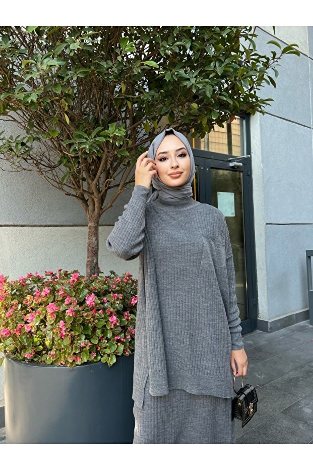 Single Pocket Skirt and Tunic Bottom Top Double Knitwear Set