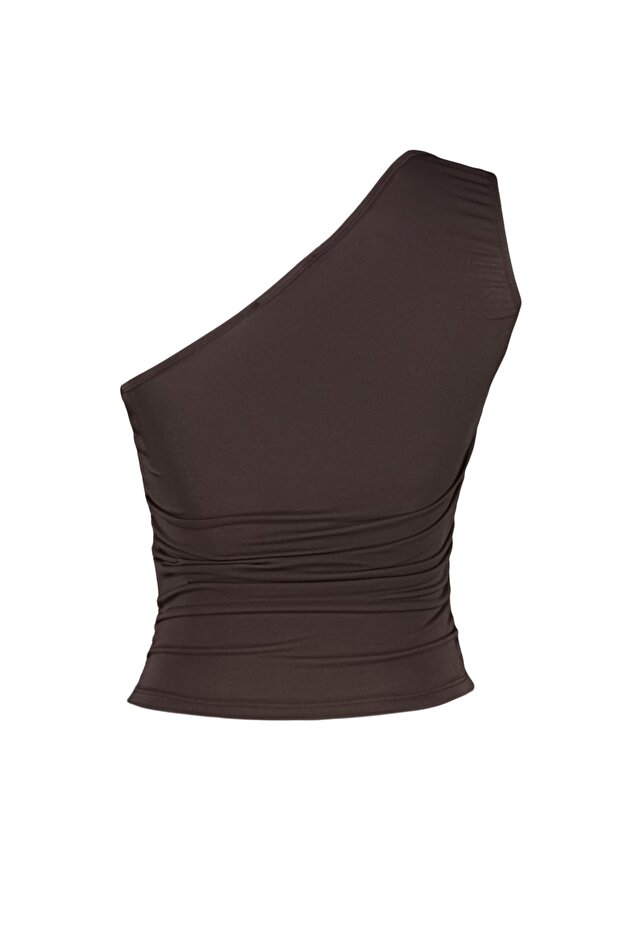 Kahverengi Büzgü Detaylı Fitted/Vücuda Oturan Tek Omuz Esnek Örme Bluz TWOSS21BZ0590 - 8