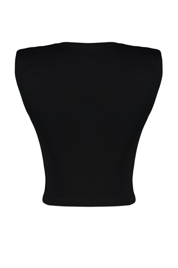 Siyah Vatkalı Fitted/Vücuda Oturan Bisiklet Yaka Crop Esnek Örme Bluz TWOSS23BZ00251 - 6