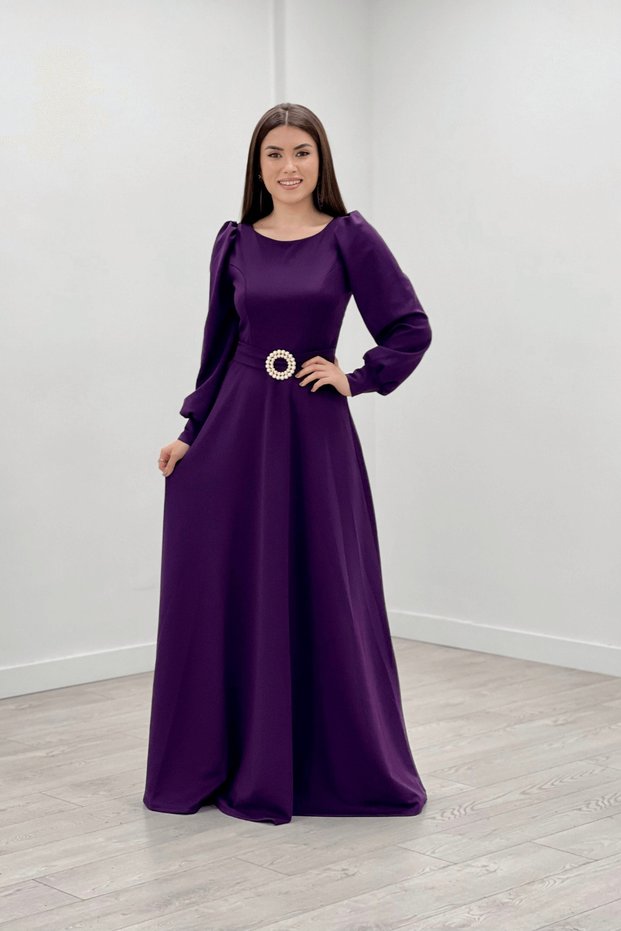 Crepe Fabric Belt Detailed Evening Dress - Eggplant Purple