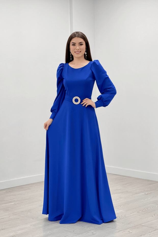 Crepe Fabric Belt Detailed Evening Dress - Cobalt Blue