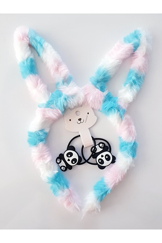 Light Pink White and Blue Color Plush Rabbit Eared Crown and Double Rubber Buckle with Cute Panda