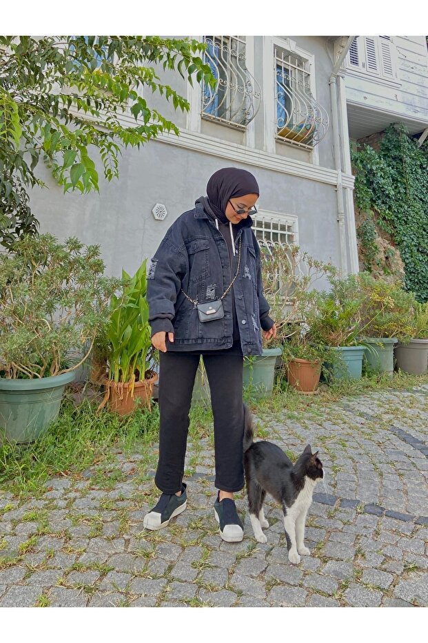 Jachetă oversize din denim ruptă - 3