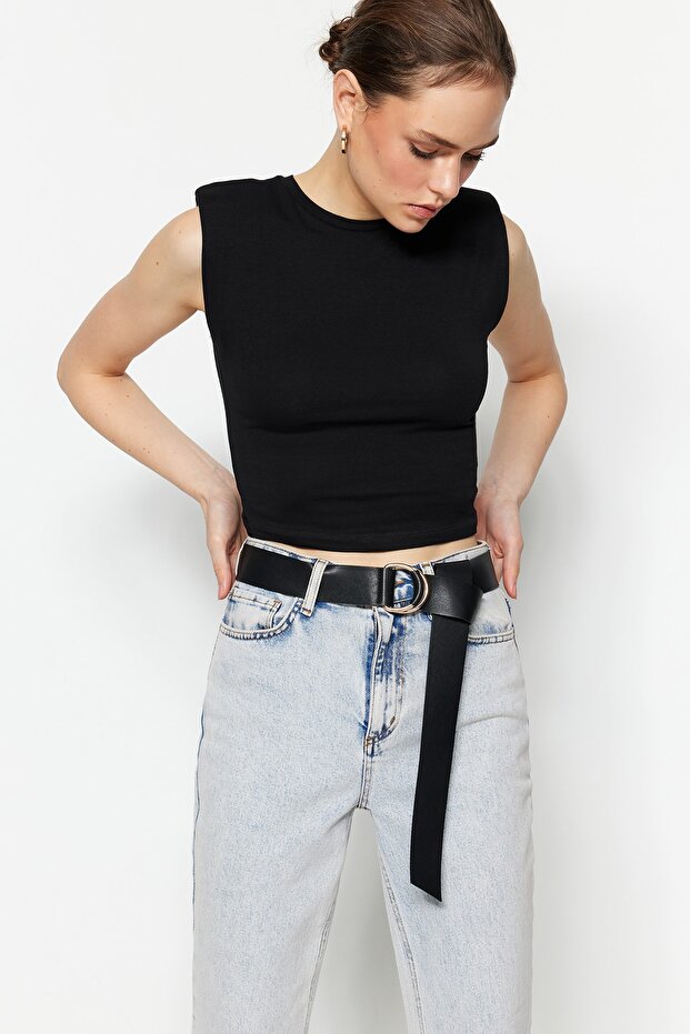 Siyah Vatkalı Fitted/Vücuda Oturan Bisiklet Yaka Crop Esnek Örme Bluz TWOSS23BZ00251 - 1