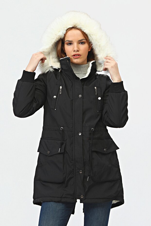 Women's Black Waist Drawstring Waterproof Hooded Fur Lined Plush Winter Coat