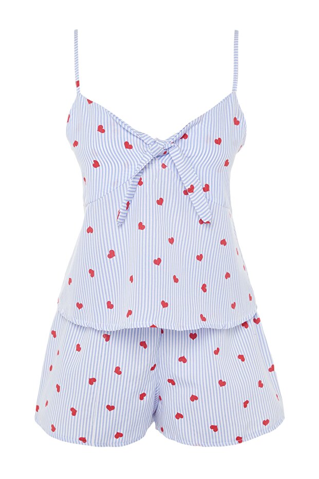 Mavi Çizgili Kalpli İp Askılı Viskon Şortlu Dokuma Pijama Takımı THMSS23PT00133 - 7