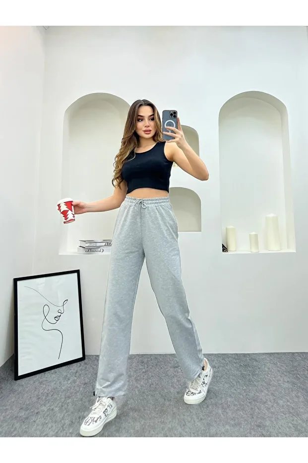 Kadın Oversize Paça Lastikli Gri Eşofman  Altı - 6