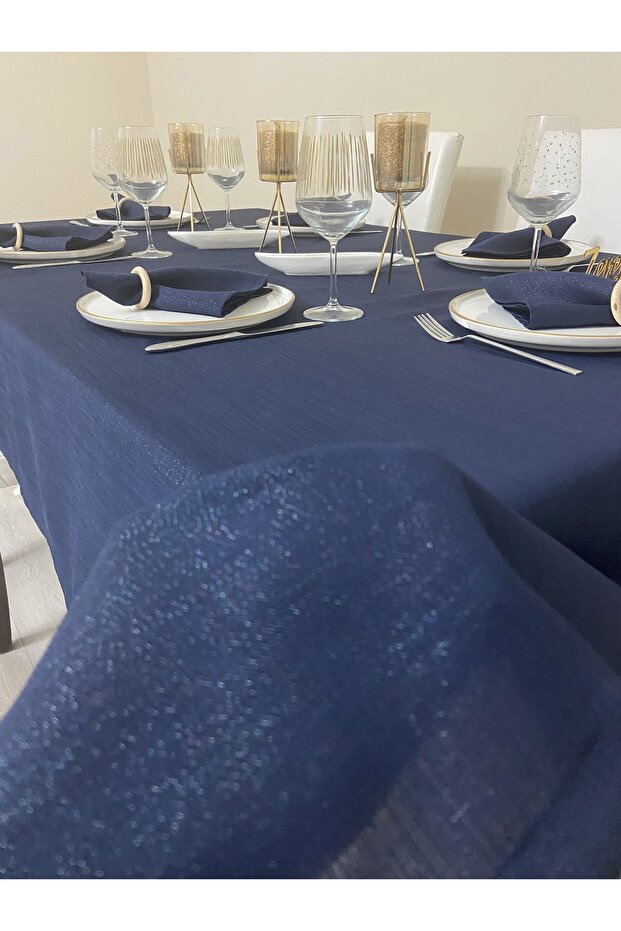 Simli Dertsiz Salon Masa Örtüsü Lacivert - 1