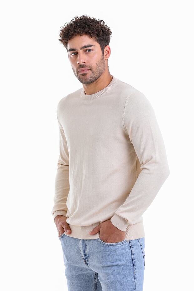 Men's Beige Regular Fit Plain 100% Cotton Crew Neck Knitwear Sweater