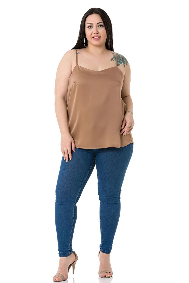 بلوزة من فرو المنك الساتان بحزام رفيع قابل للتعديل مقاس كبير - 2