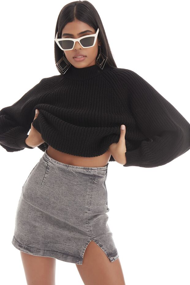 Kadın Siyah Renk Oversize Fit Kalın Örgülü Triko Kazak - 1