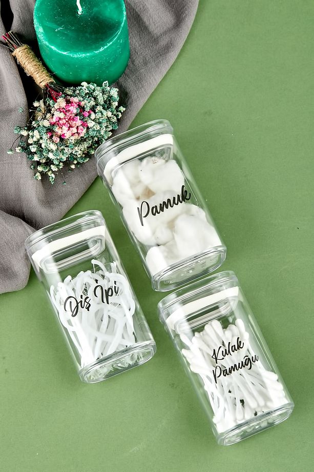 3'lü Akrilik Pamuk & Diş Ipi & Kulak Pamuğu Organizeri 250 Ml Saklama Kabı - 3