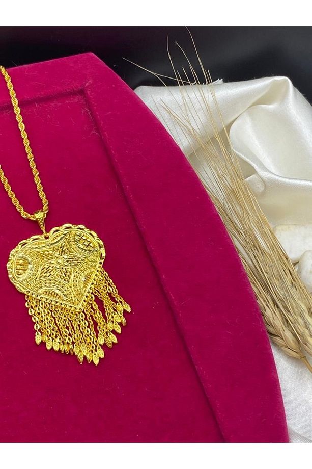 22 Ayar Altın Kaplama Çiçek Desen Zincirli Hint Model Kolye - 1
