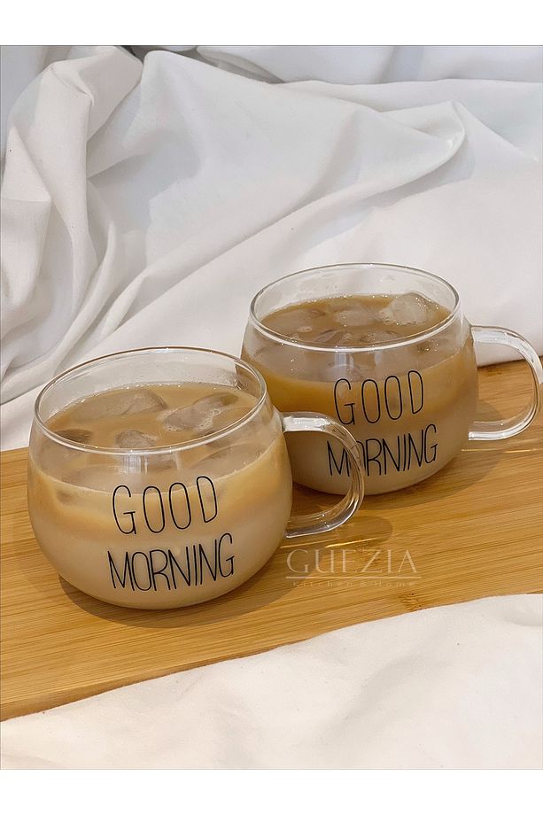Isıya Dayanıklı Borosilikat Good Morning Kulplu Kupa Cam Bardak Kahve Sunum Bardağı 400ml | 2 Adet - 1