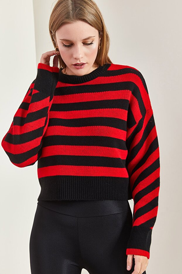 Women's Black Red Striped Knitwear Sweater 20223275