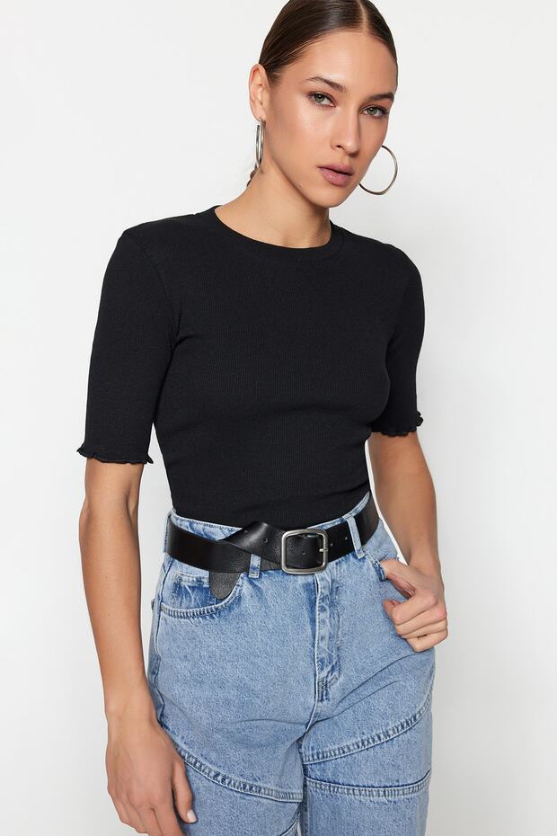 Siyah Fitted/Vücuda Oturan Fitilli Esnek Örme Bluz TWOSS23BZ00025 - 7