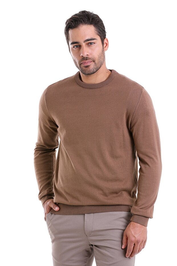 Men's Brown Regular Fit 100% Cotton Crew Neck Knitwear Sweater