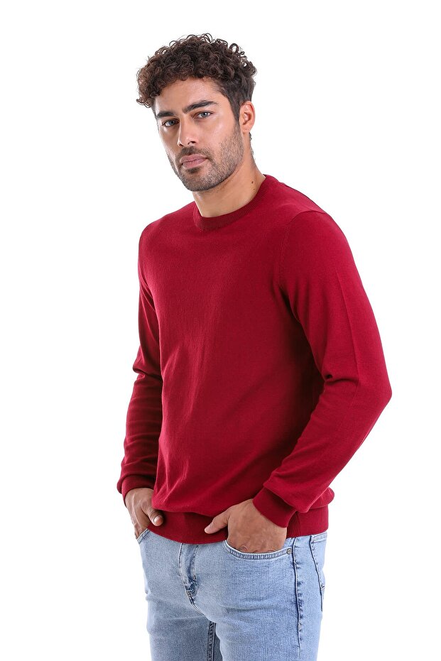 Men's Claret Red Regular Fit 100% Cotton Crew Neck Knitwear Sweater