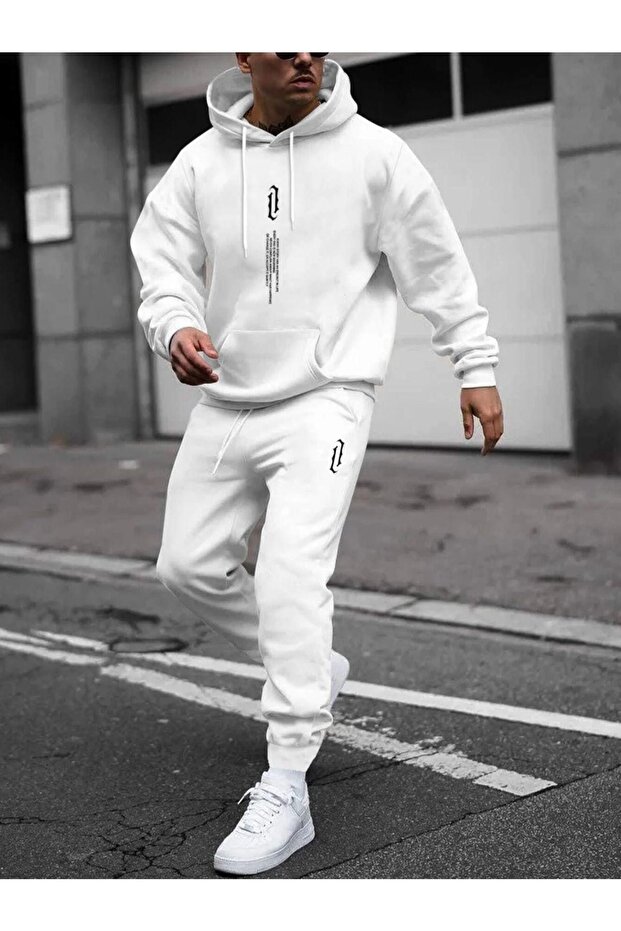 Erkek Beyaz Dikey Oversize Eşofman Takımı - 1