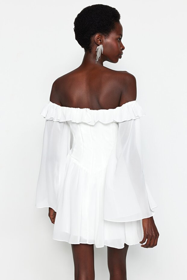 Bridal Beyaz A-Kesim Volanlı Şifon Boho Düğün/Nikah Abiye Uçuş Uçuş Mezuniyet Elbise TPRSS23EL00096 - 11