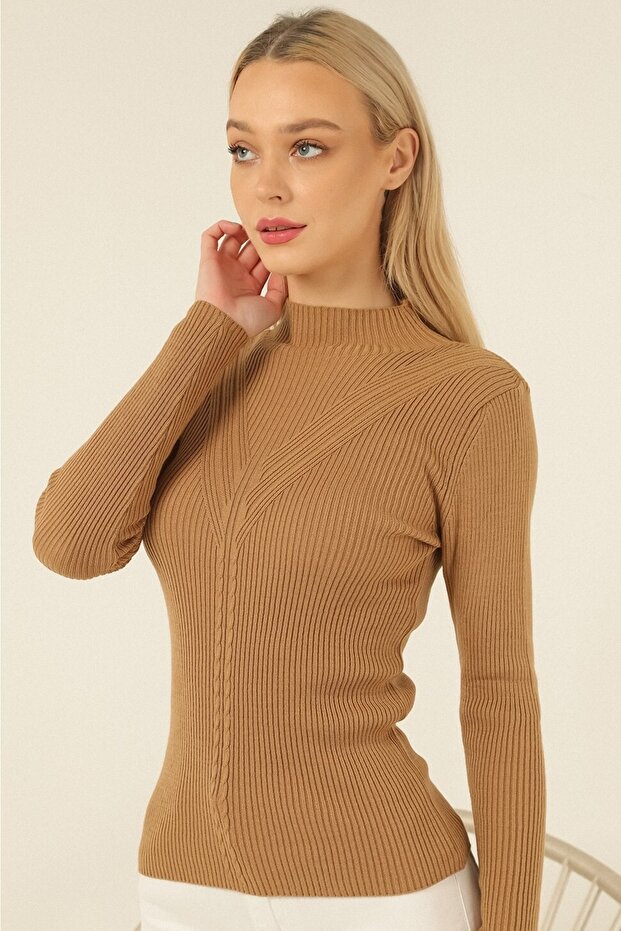 Women's Camel Turtleneck Corded Hair Knitted Patterned Knitwear Sweater