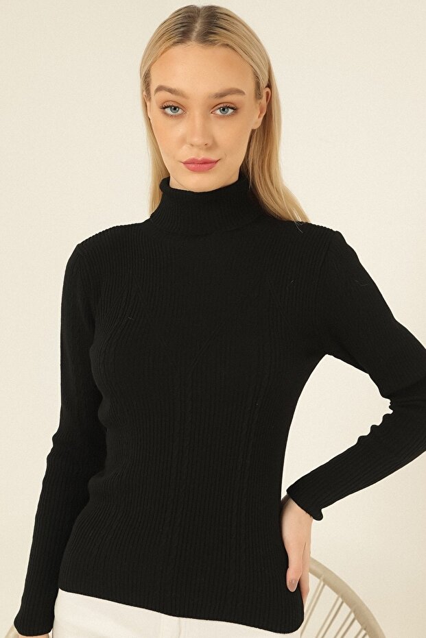 Women's Black Turtleneck Ribbed Hair Knitted Patterned Knitwear Sweater