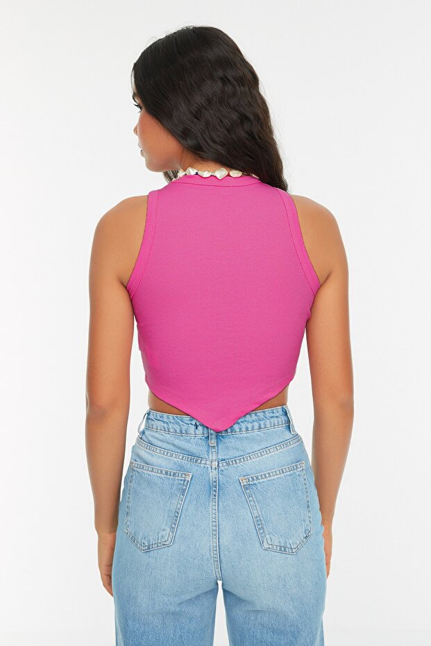 Pembe Asimetrik Super Crop Fitilli Esnek Örme Atlet TWOSS22AL0065 - 4