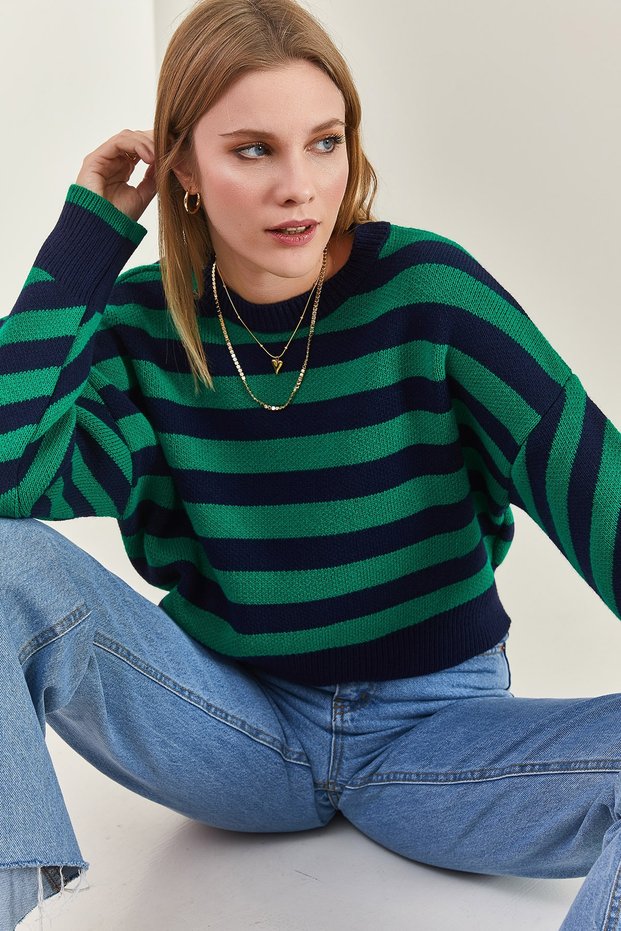 Women's Navy Blue Green Striped Knitwear Sweater 20223275