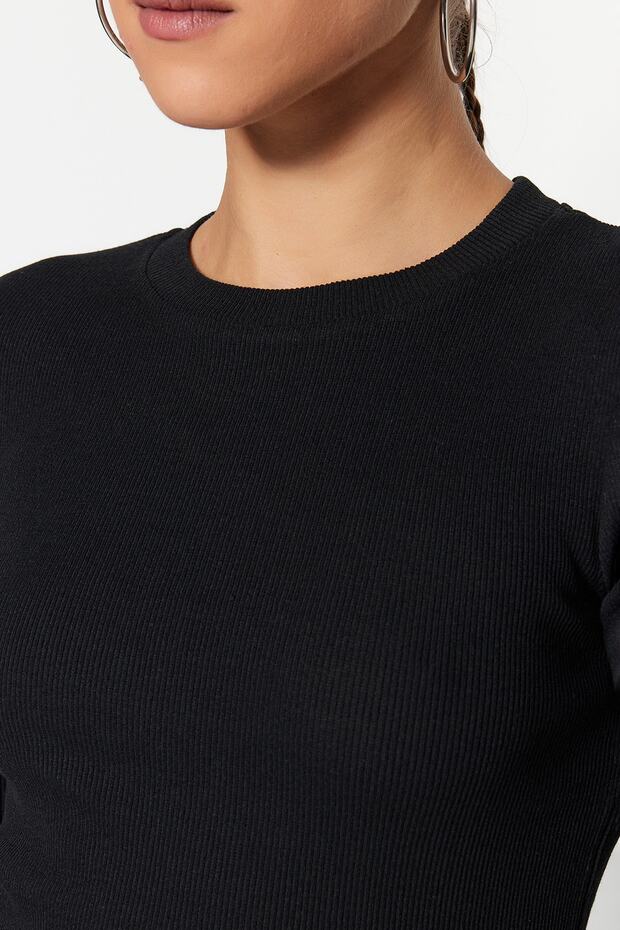 Siyah Fitted/Vücuda Oturan Fitilli Esnek Örme Bluz TWOSS23BZ00025 - 6