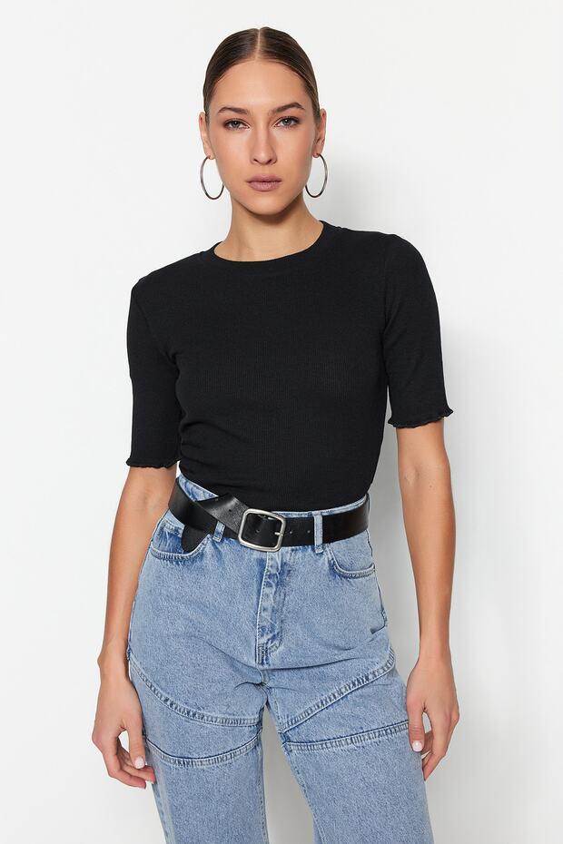Siyah Fitted/Vücuda Oturan Fitilli Esnek Örme Bluz TWOSS23BZ00025 - 8