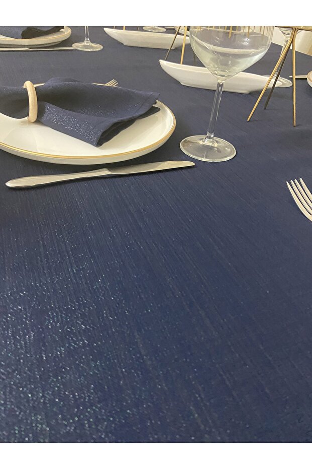 Simli Dertsiz Salon Masa Örtüsü Lacivert - 5