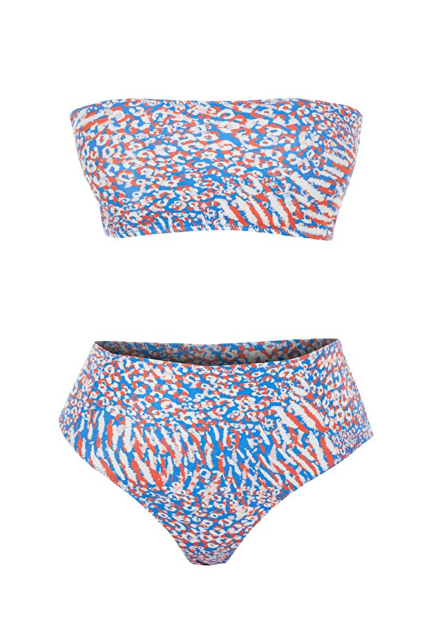 Leopar Desenli Straplez Kaplı Hipster Yüksek Bel Bikini Takımı TBESS22BT0018 - 6