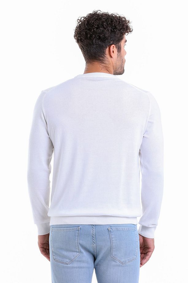 Erkek Ekru Regular Fit %100 Pamuk Bisiklet Yaka Triko Kazak - 5