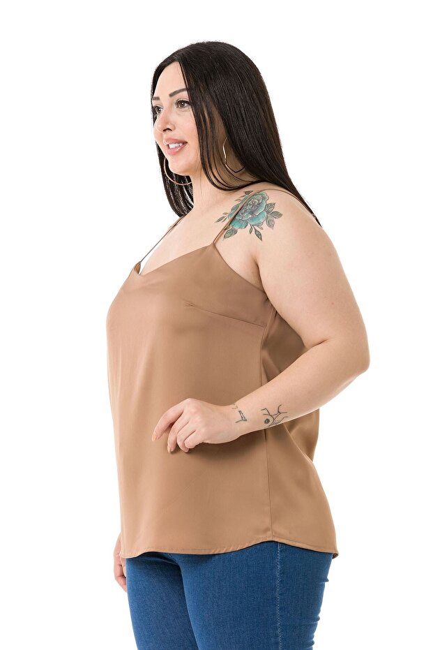 بلوزة من فرو المنك الساتان بحزام رفيع قابل للتعديل مقاس كبير - 4