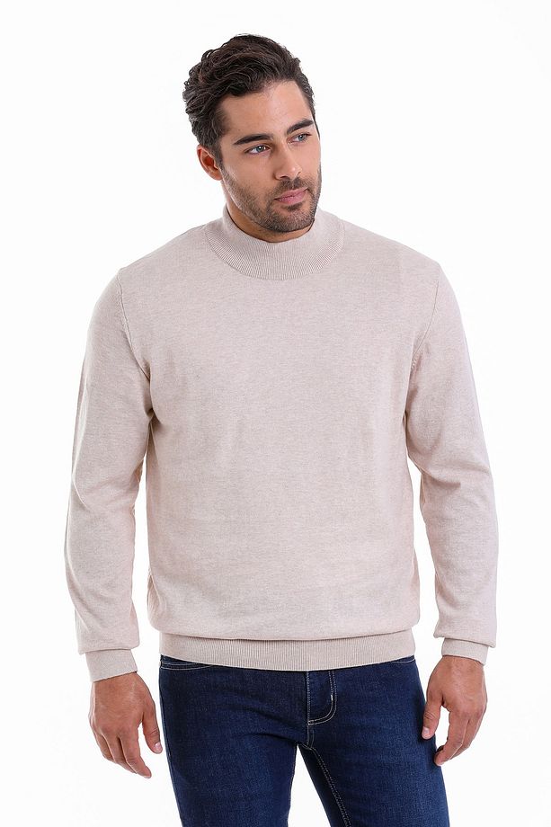 Erkek Bej Regular Fit %100 Pamuk Yarım Balıkçı Triko Kazak - 2