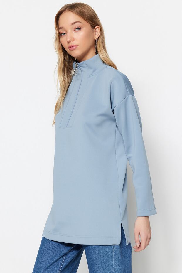 Niebieska, oversize'owa bluza z zamkiem błyskawicznym, z nadrukiem nurka/nurka, dzianinowa, TCTAW23TW00198 - 5