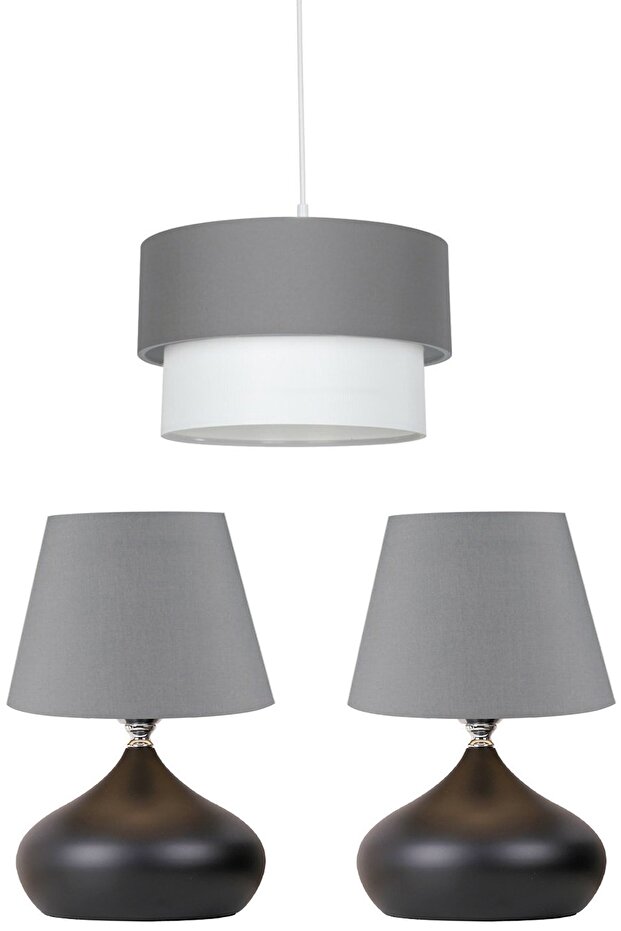 3 Lü Lüx Avize Ve Abajur Seti Antrasit - 1