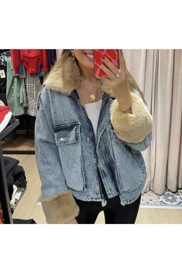 Women's Oversize Brown Fur Jeans Coat with Sleeves and Complete Inside